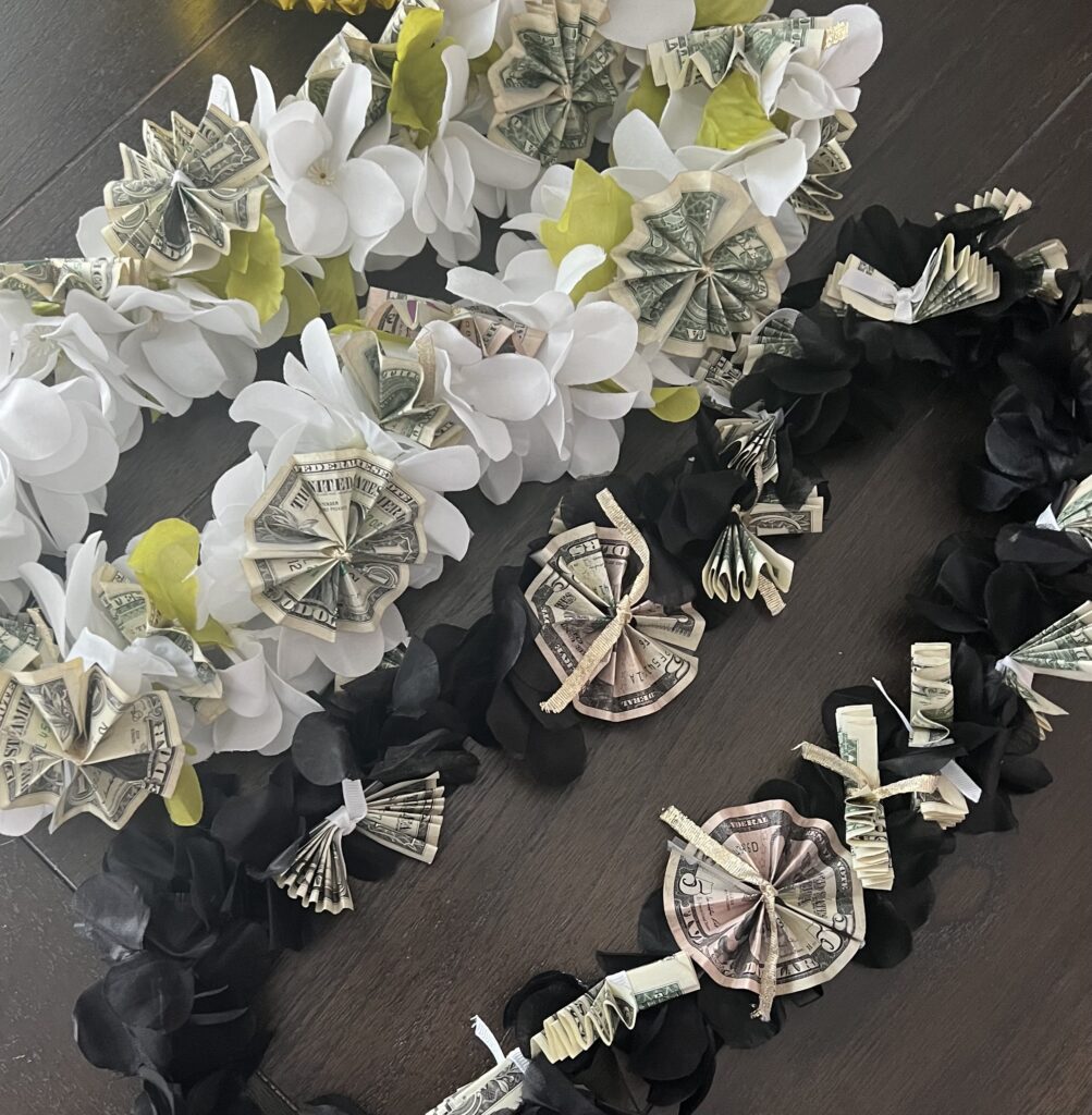 graduation money leis in black white and green 